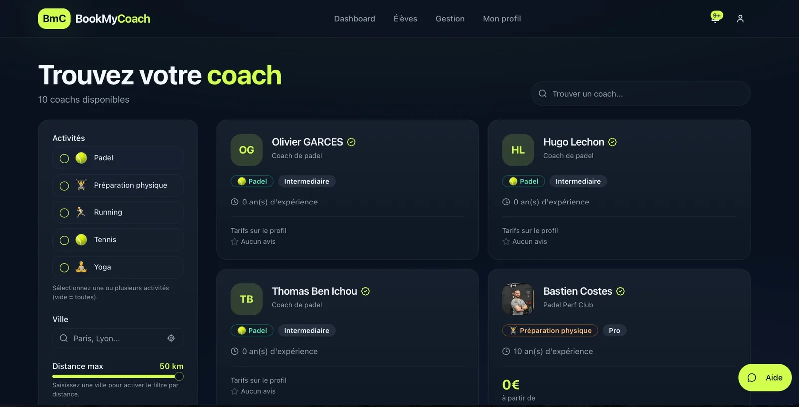Interface de recherche de coachs de la plateforme BookMyCoach