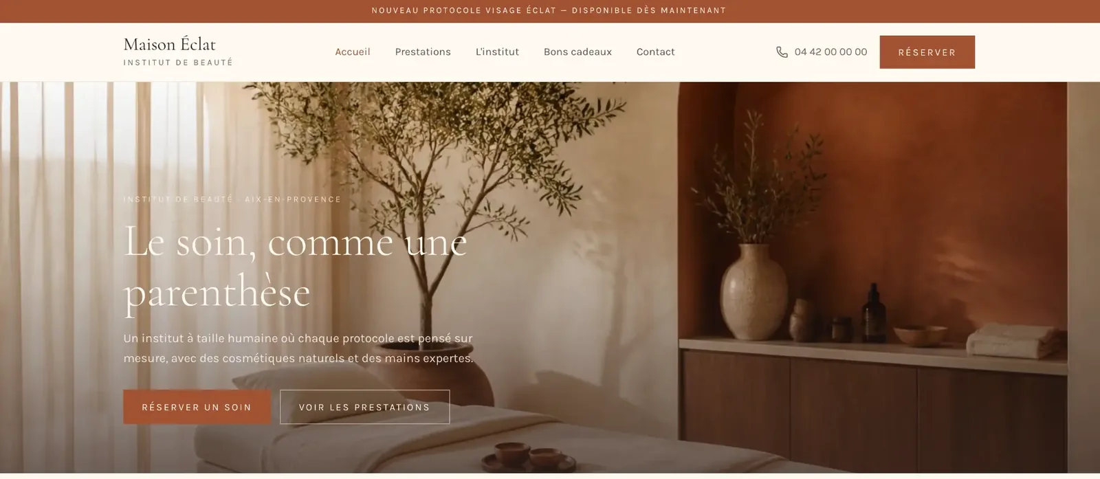 Page d'accueil du site Maison Éclat, institut de beauté